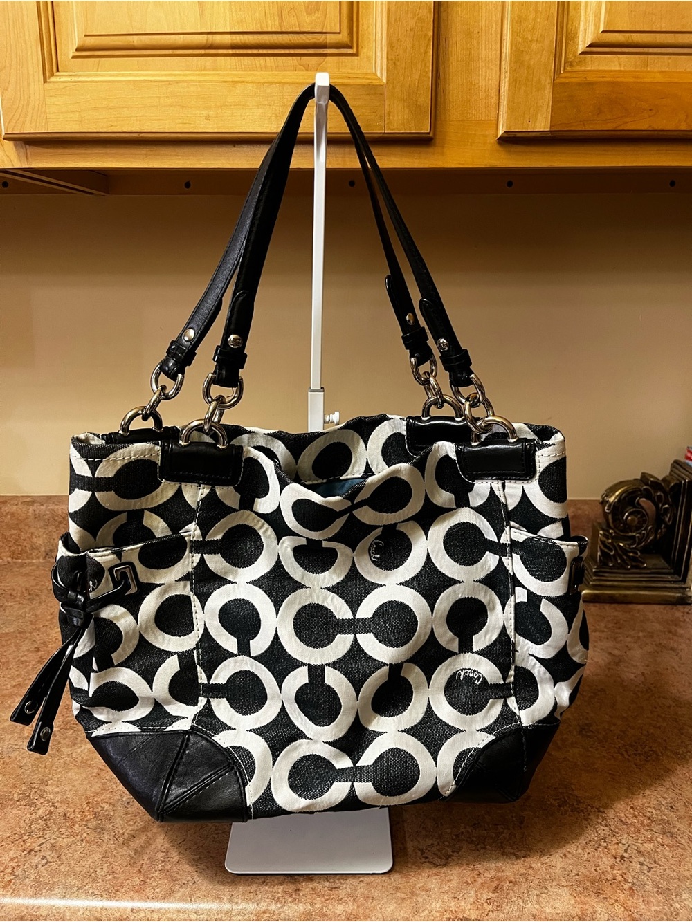 Coach Black & White Patterned Tote Bag with Leather Trim